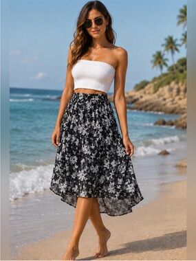 The Korner High Low Hem Chiffon Floral Flowy Skirt Black White Semi Casual.